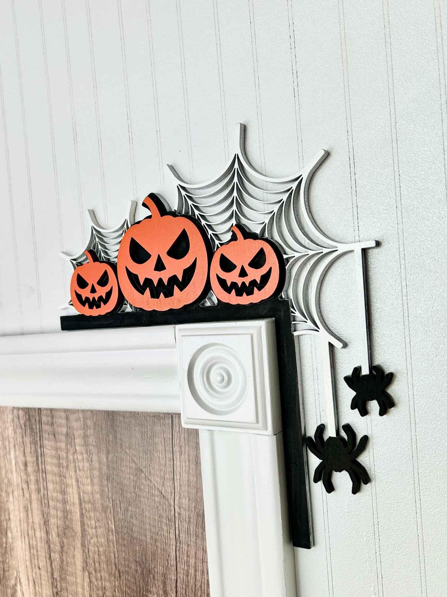 Halloween Door Frame Sign | Jack O Lanterns with Spiderweb & Hanging Spiders | Painted Birch Wood Corner Decor
