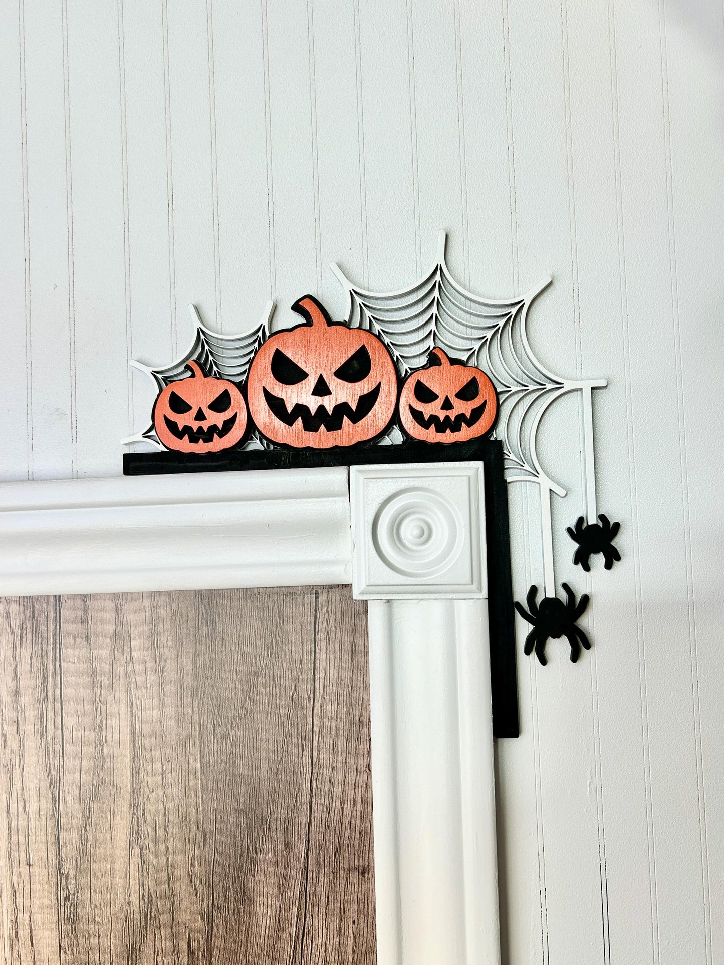 Halloween Door Frame Sign | Jack O Lanterns with Spiderweb & Hanging Spiders | Painted Birch Wood Corner Decor