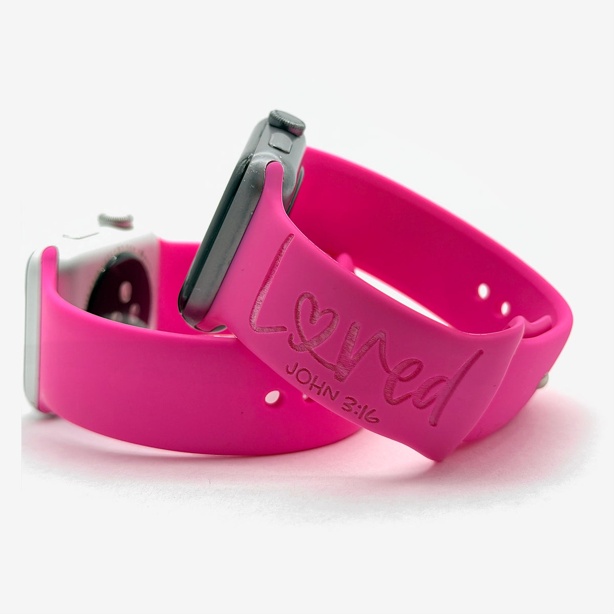 Hot pink watch band for Apple Watch engraved with Loved and John 3:16
