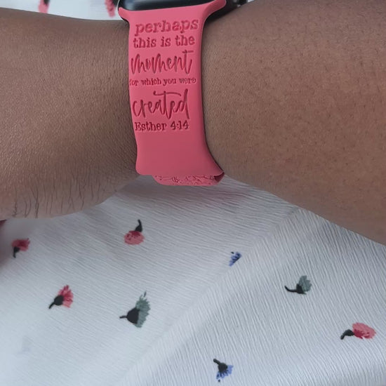 Video of the coral Esther 4:14 watch band for Apple Watch worn on a wrist