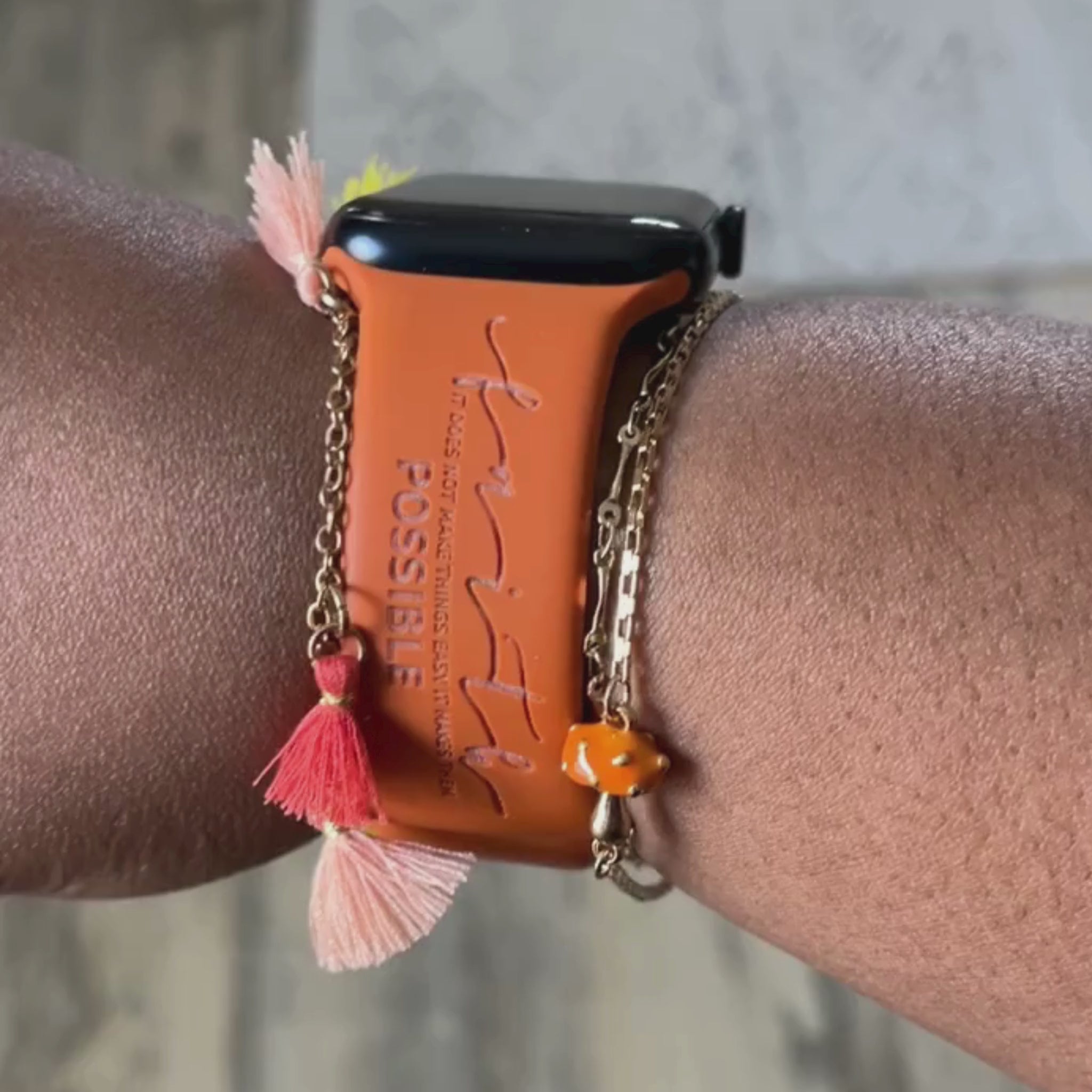 Rust Faith Makes It Possible watch band for Apple Watch worn on a wrist, side view