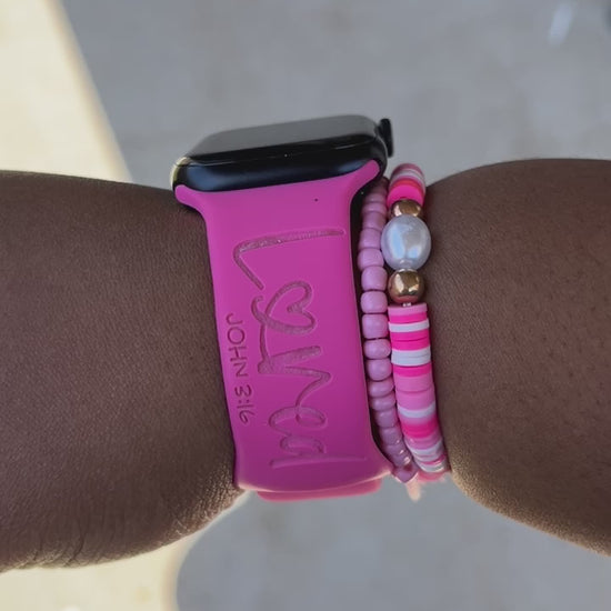 Video of the hot pink Loved John 3:16 watch band for Apple Watch worn on a wrist