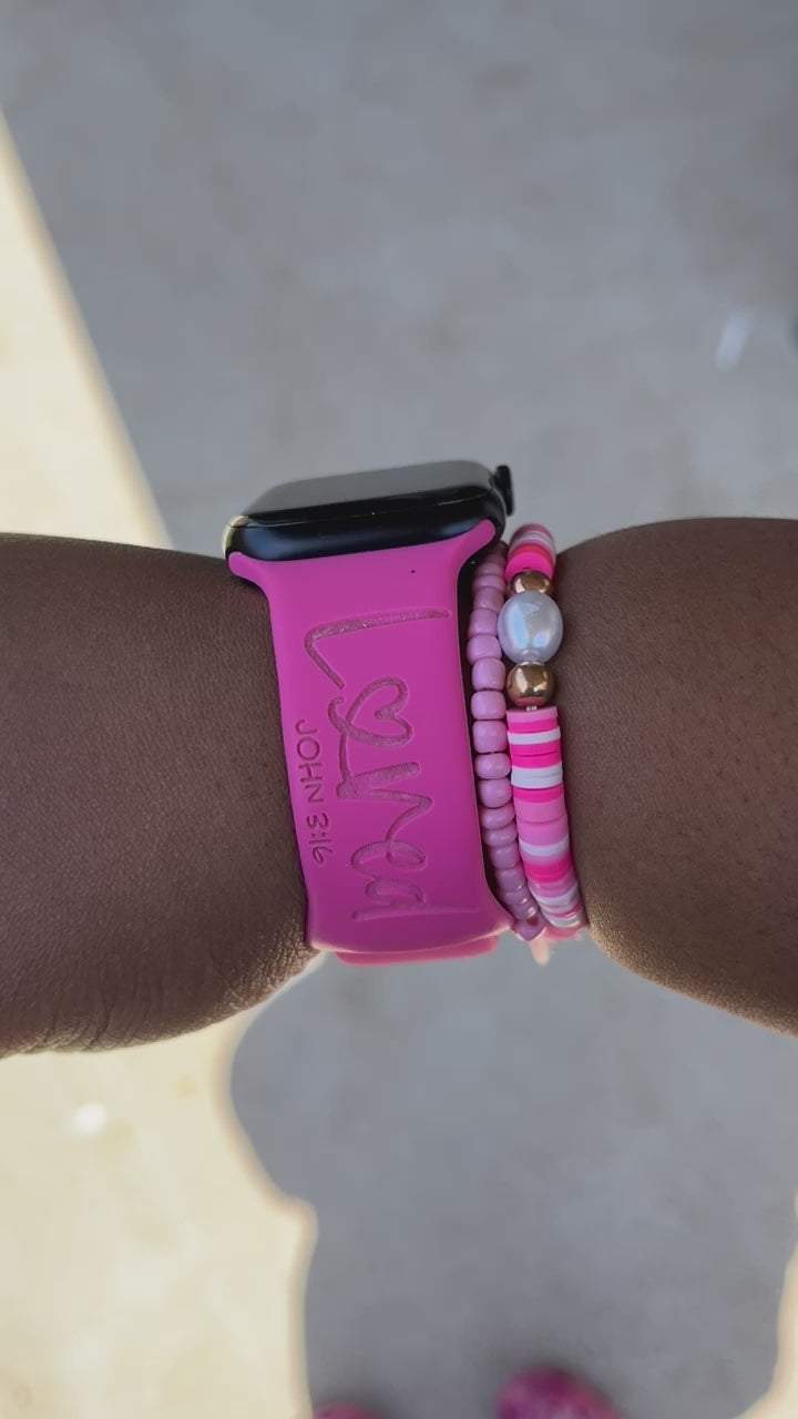 Video of the hot pink Loved John 3:16 watch band for Apple Watch worn on a wrist