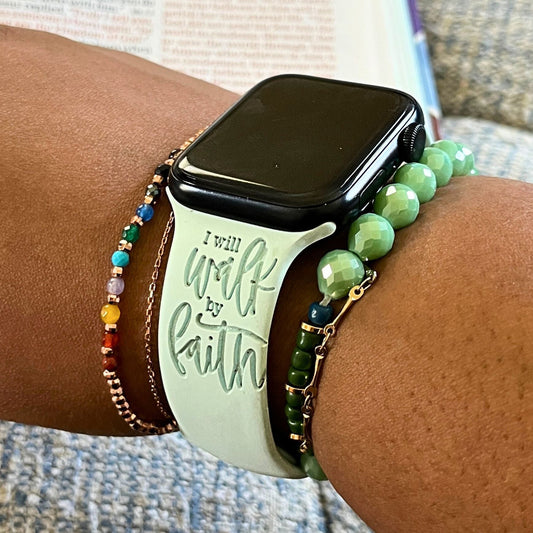 Light mint Walk by Faith watch band for Apple Watch worn with beaded bracelets