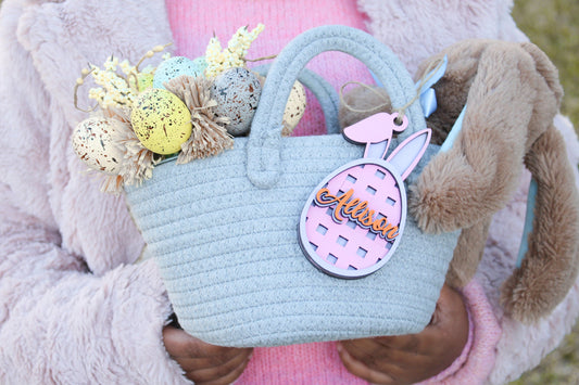 Rattan Easter egg Tag | Personalized Easter Basket Name Tag for Boys Girls Wooden Bunny First Easter Gift Tag Ornament Easter for Easter Bucket Bag Tote Decoration Baby Shower Theme DecorPersonalized Easter Bunny Tag