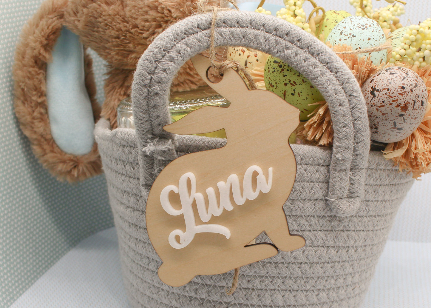 Personalized Wooden Bunny Name Tag with Acrylic Name – Custom Easter Basket Tag